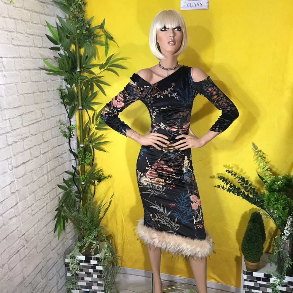 Rinascimento Fur trim velvet dress